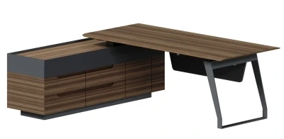 Стол на опорной тумбе 2200х1800х750 левый QZ.0101.BW.GF + QZ.0201.4.BW.GF.L орех американский, лючок в тумбе черный