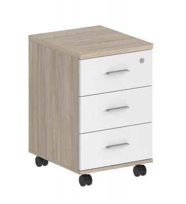 Тумба мобильная с 3 ящиками 404х460х619 (метабоксы), с центральным замком / корпус дуб светлый, фасады белые